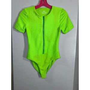 Toast Swim Surf‎ One Piece Swimsuit front zip short sleeve electric green small